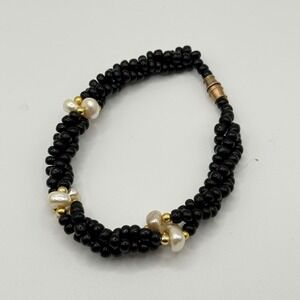 Vintage Black Seed Bead and Freshwater Pearl Twisted Multi Strand Bracelet 7.5"